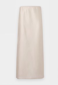 Beež sirge lõikega midi seelik elastse vöökohaga, sileda tekstuuriga ja peente õmbluse detailidega valgel taustal.