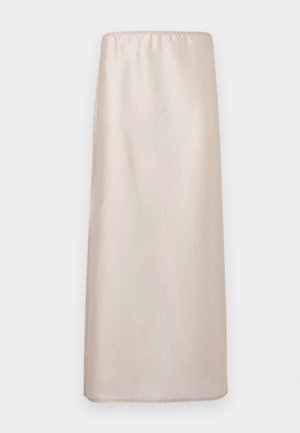 Beige midi-nederdel med lige snit, elastik i taljen, glat tekstur og diskrete sømdetaljer på hvid baggrund.