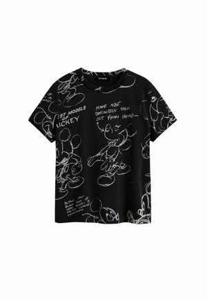 Schwarzes Baumwoll-T-Shirt mit weißen Skizzen von Mickey Mouse, ergänzt durch bedruckte Texte, die Ausdrücke und Designelemente beschreiben. Kurze Ärmel, Rundhalsausschnitt.