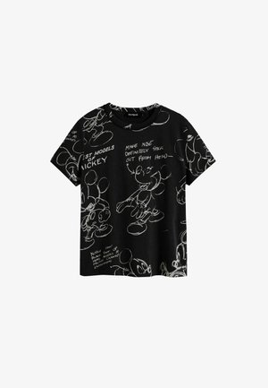 Schwarzes Baumwoll-T-Shirt mit weißen Skizzen von Mickey Mouse, ergänzt durch bedruckte Texte, die Ausdrücke und Designelemente beschreiben. Kurze Ärmel, Rundhalsausschnitt.
