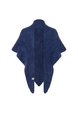 Navy blue fuzzy knit poncho with a high collar and pointed front edges, displayed against a white background.