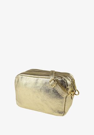 Gold metallic cosmetic bag with a rectangular shape, dual zippered compartments, and an adjustable strap with a metal buckle.