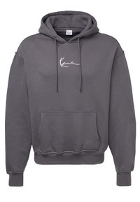 Sudadera de algodón gris con bolsillo canguro, capucha con cordón y logo bordado en blanco en el pecho. Textura suave y corte informal.