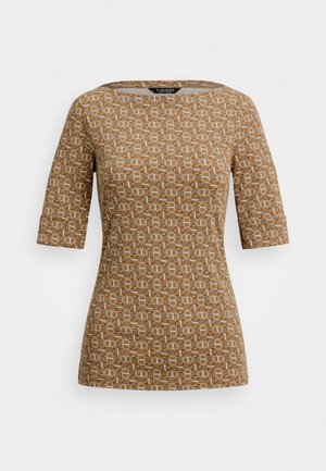 Brown patterned top with short sleeves and a square neckline. The design features geometric shapes in off-white and orange accents.