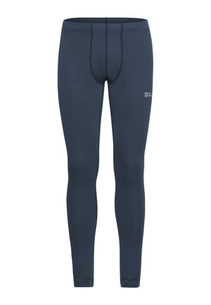 Leggings termici navy realizzati in un tessuto leggero e elasticizzato, con cuciture piatte e una vestibilità aderente. Presentano un piccolo logo sulla cintura anteriore.