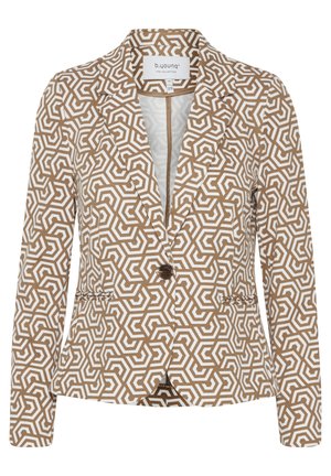 Blazer à motifs marron et blanc avec un design géométrique, col cranté, deux poches, fermeture à un bouton et tissu texturé.