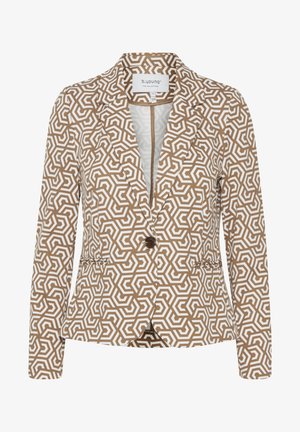 Blazer à motifs marron et blanc avec un design géométrique, col cranté, deux poches, fermeture à un bouton et tissu texturé.