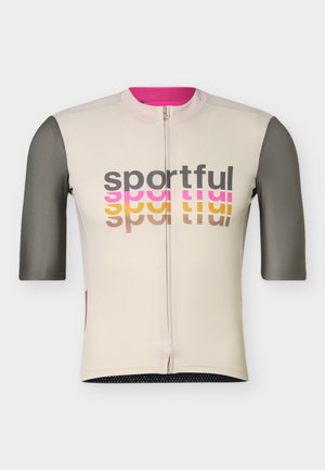 Maglia da ciclismo beige con maniche marroni, cerniera frontale completa e logo "sportful" in testo stratificato marrone, rosa, giallo e marrone sul petto.