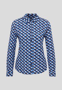 Knopfhemd mit einem geometrischen Muster in Blau, Weiß und Braun auf einem weichen Stoff. Lange Ärmel, klassischer Kragen und schwarze Knöpfe.
