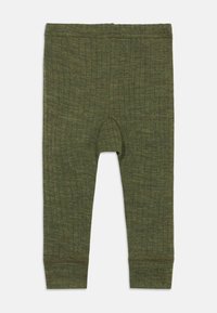 Zaļas ribotas legingi no mīksta auduma, ar pieguļošu dizainu, potīšu manžetēm un gludu tekstūru. Nav redzamu rakstu vai akcents detaļu.