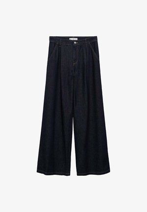 Mørk denim bredbenede bukser med høj talje, der har en frontlukning med knap, to sidelommer og syningsdetaljer.