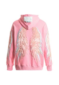 Sudadera rosa con diseños de alas bordados en plata y oro en la parte posterior. Presenta una capucha con cordón y puños y dobladillo acanalados.
