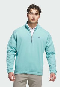 Sudadera con media cremallera de color azul claro, hecha de un tejido suave, que presenta un cuello con cremallera, puños acanalados y un logo bordado en el pecho.