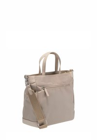 Beige Tragetasche aus Nylon mit zwei kurzen Griffen, einem abnehmbaren Schultergurt und einer mit Reißverschluss versehenen Rückentasche zur Aufbewahrung.