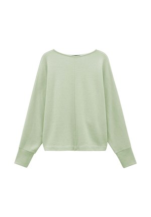 Maglia a maniche lunghe verde chiaro con scollo ampio, vestibilità comoda e polsini a coste. Texture liscia e design pulito con dettaglio della cucitura sul retro.