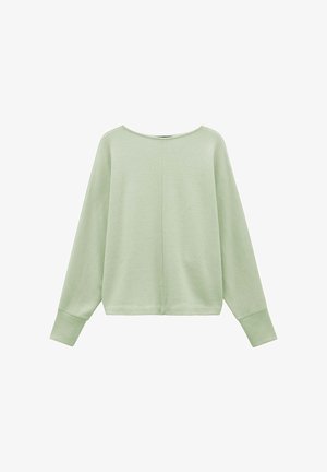 Hellgrünes Langarmoberteil mit weiter Ausschnitt, lockerer Passform und gerippten Manschetten. Sanfte Textur und sauberes Design mit einer Naht auf der Rückseite.