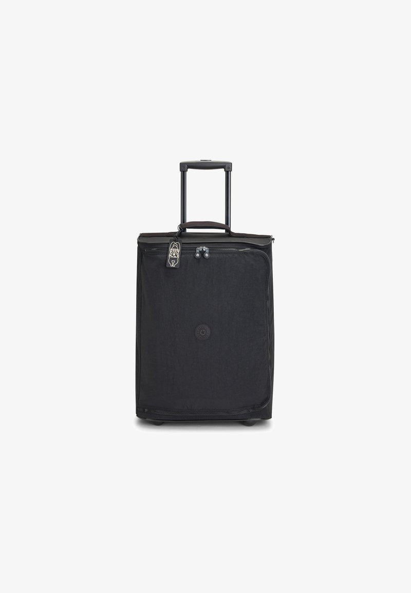 Black wheeled luggage with a retractable handle, zip closure, and a circular logo. Made of durable fabric, it features a sleek, minimalist design.