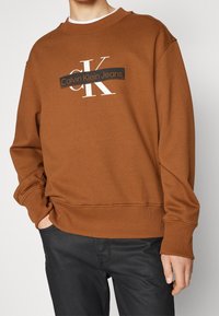 Sudadera marrón de algodón, con cuello redondo y puños acanalados. Presenta un logo en blanco y negro, "Calvin Klein Jeans."