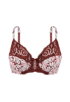 Soutien-gorge à motifs floraux marron et rose, avec des accents en dentelle, un soutien-gorge à armatures, des bretelles ajustables et un détail de laçage au centre.