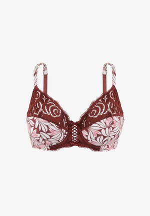 Bordeaux en roze bloemenpatroon bh, met kantaccenten, onderbuste ondersteuning, verstelbare banden en een centraal kantdetail.
