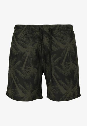 Dunkelgrüne Badehose mit einem Palmenblattmuster, hergestellt aus leichtem Stoff. Mit einem elastischen Bund und einer Kordel versehen.