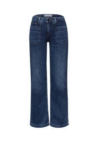 Mörkblå vida jeans i denimtyg. Har en knappstängning, fem fickor och sydda detaljer längs sömmarna.