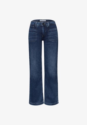 Tummansiniset leveälahkeiset farkut, jotka on valmistettu denim-kankaasta. Ominaisuuksiin kuuluu nappikiinnitys, viisi taskua ja ommellut yksityiskohdat saumoissa.