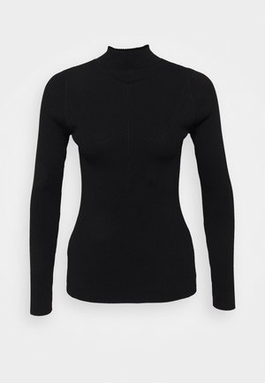Black ribbed long-sleeve top with a high neckline. Features a fitted design and vertical texture. No patterns or accents are visible.