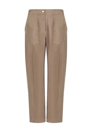 Pantalon droit couleur taupe à taille haute, avec poches plaquées à l'avant et fermeture par bouton, présenté sur un fond blanc.