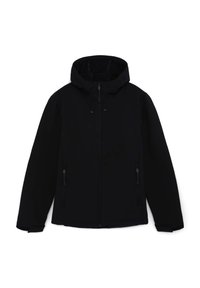 Giacca nera con cappuccio; presenta una chiusura frontale completa con zip e due tasche laterali con zip; texture liscia, con cordini regolabili sul cappuccio.