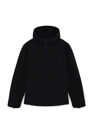 Giacca nera con cappuccio; presenta una chiusura frontale completa con zip e due tasche laterali con zip; texture liscia, con cordini regolabili sul cappuccio.