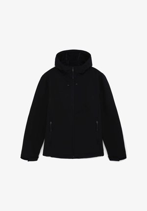 Black jacket with a hood; features a full front zipper and two side zipper pockets; smooth texture, adjustable drawstrings on the hood.