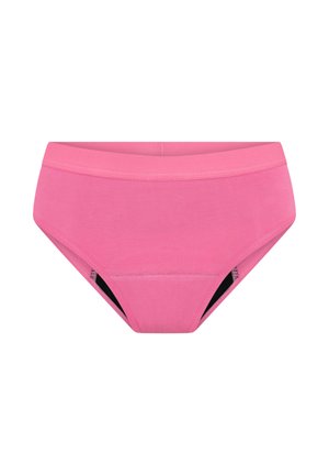 Bright pink women’s cotton briefs with elastic waistband and black lining, displayed against white background.