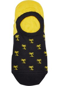 Chaussette de cheville noire et jaune avec une finition texturée. Partie supérieure jaune, section inférieure noire, ornée de petits motifs d'arbres jaunes.