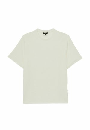 T-shirt z krótkim rękawem i okrągłym dekoltem w kolorze ecru, wykonany z teksturowanej tkaniny. Luźny krój z prostym cięciem, bez widocznych zdobień.