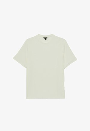 Majica kratkih rukava s okruglim izrezom u boji slonovače, izrađena od teksturiranog tkanja. Opusteni kroj s ravnim rezom i bez vidljivih ukrasa.