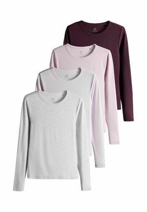 Vier langärmlige Rundhalsshirts in einer vertikalen Reihe, Farben von vorne nach hinten: hellgrau, weiß, hellrosa und dunkelviolett.