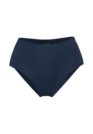 Slip bikini a vita alta in blu marino intenso, realizzato in materiale liscio con bordi senza cuciture e dettaglio di marchio minimale.