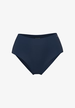Bas de bikini taille haute en bleu marine profond, fabriqué en matière lisse avec des bords sans coutures et un détail de marque minimal.