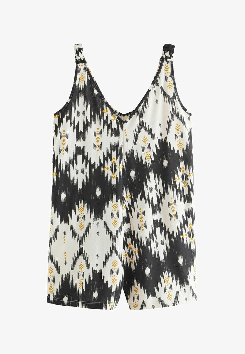 Combinaison noire et blanche à motifs avec des accents jaunes ; présente des bretelles réglables, un décolleté en V et une coupe short. Le tissu a une texture lisse.