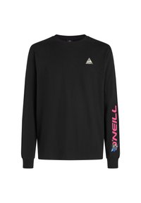 Long-sleeve black cotton t-shirt featuring a small multi-colored triangle logo on the chest and pink "O'Neill" text along the left sleeve.