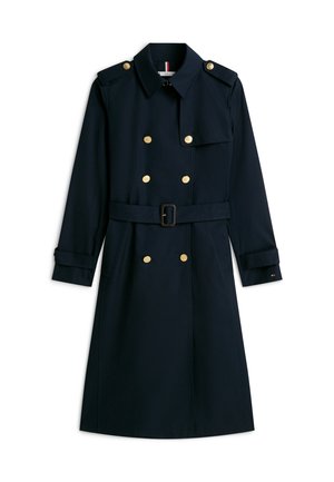 Gabardina azul marino de doble botonadura con botones dorados, cintura con cinturón, hombreras y mangas largas.