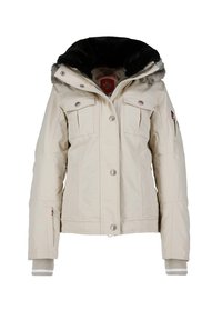 Helle beige gep padded Jacke mit Kapuze aus Kunstfell, silbernen Druckknöpfen, mehreren Taschen, gerippten Bündchen und Logo-Detail auf der Brust.