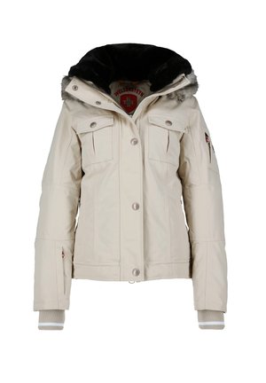 Light beige padded jacket with faux fur trim hood, silver snap buttons, multiple pockets, ribbed cuffs, and logo detail on the chest.