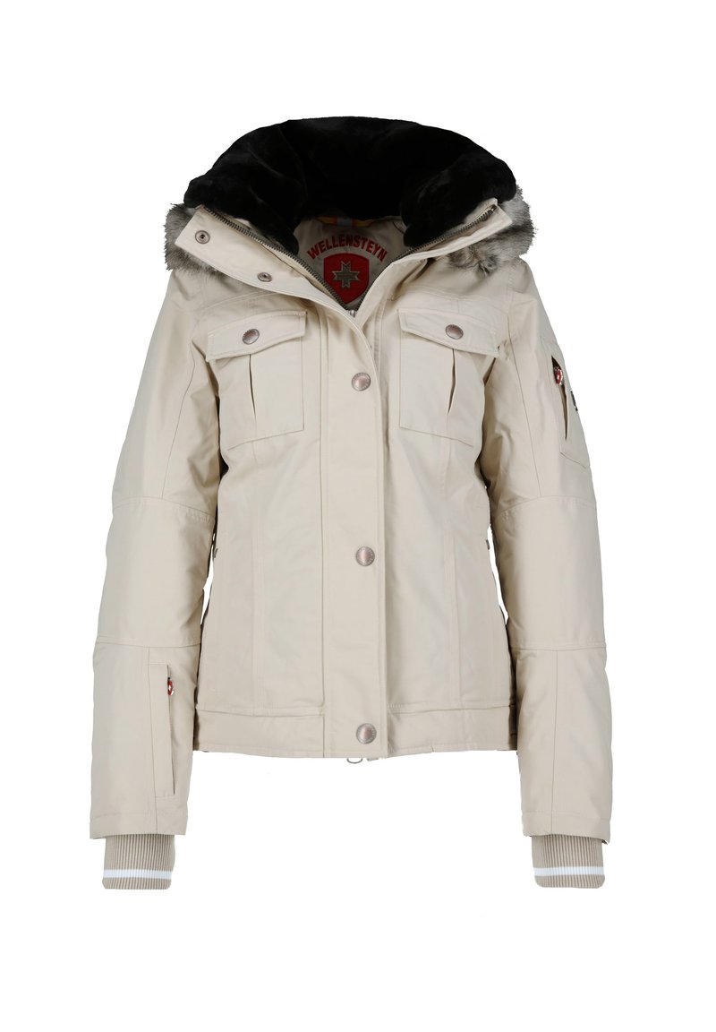 Helle beige gep padded Jacke mit Kapuze aus Kunstfell, silbernen Druckknöpfen, mehreren Taschen, gerippten Bündchen und Logo-Detail auf der Brust.