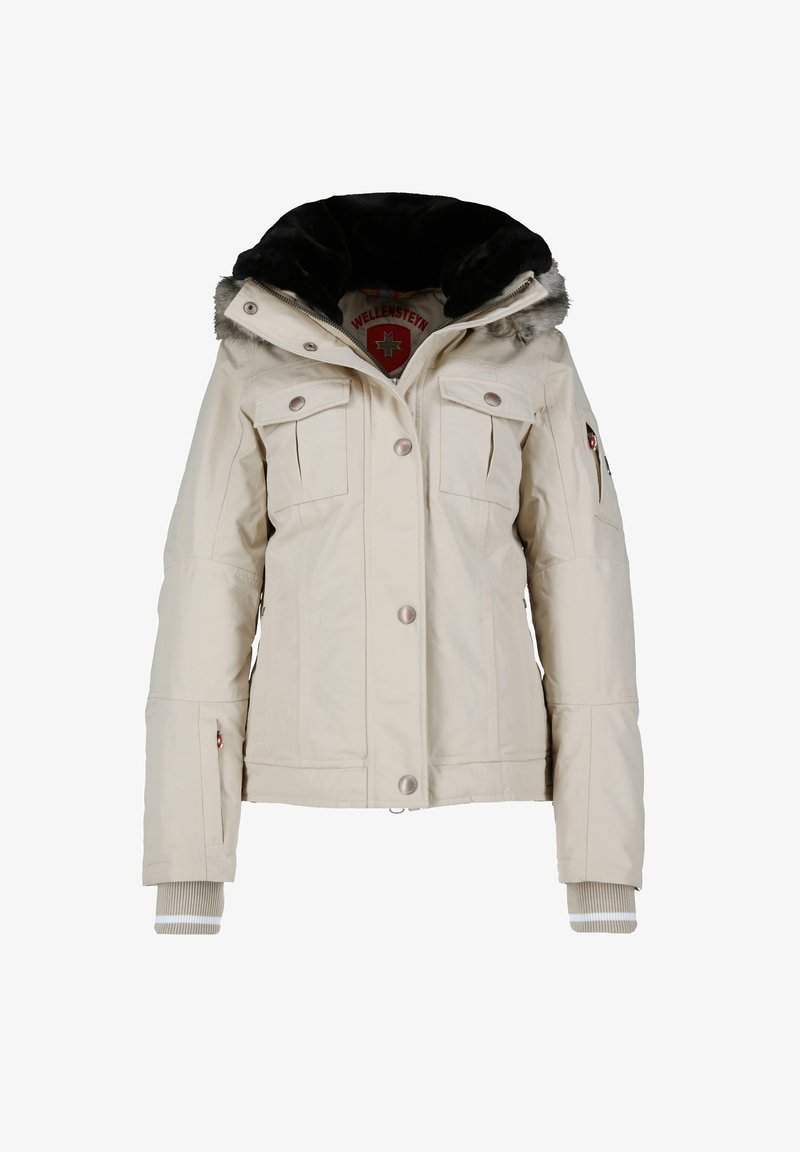 Helle beige gep padded Jacke mit Kapuze aus Kunstfell, silbernen Druckknöpfen, mehreren Taschen, gerippten Bündchen und Logo-Detail auf der Brust.