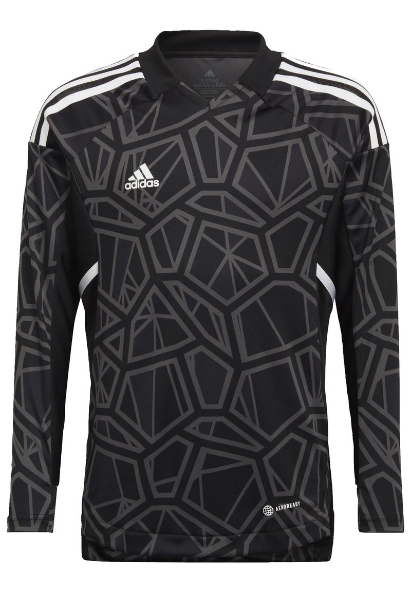 Langärmliges schwarzes Sporttrikot mit einem geometrischen grauen Muster, weißen Streifen auf den Schultern und einem Adidas-Logo auf der Brust.