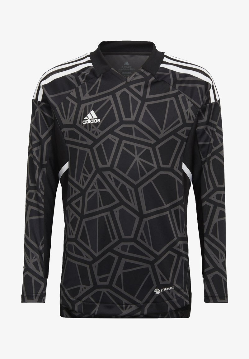 Langärmliges schwarzes Sporttrikot mit einem geometrischen grauen Muster, weißen Streifen auf den Schultern und einem Adidas-Logo auf der Brust.