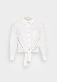 White button-up shirt with long sleeves, collared neckline, single pocket, and tied front detail. Made of lightweight, textured fabric.