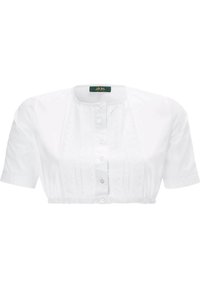 White short-sleeved blouse with a buttoned front, elasticized hem, and lace detailing along the center panel. Made of lightweight fabric.